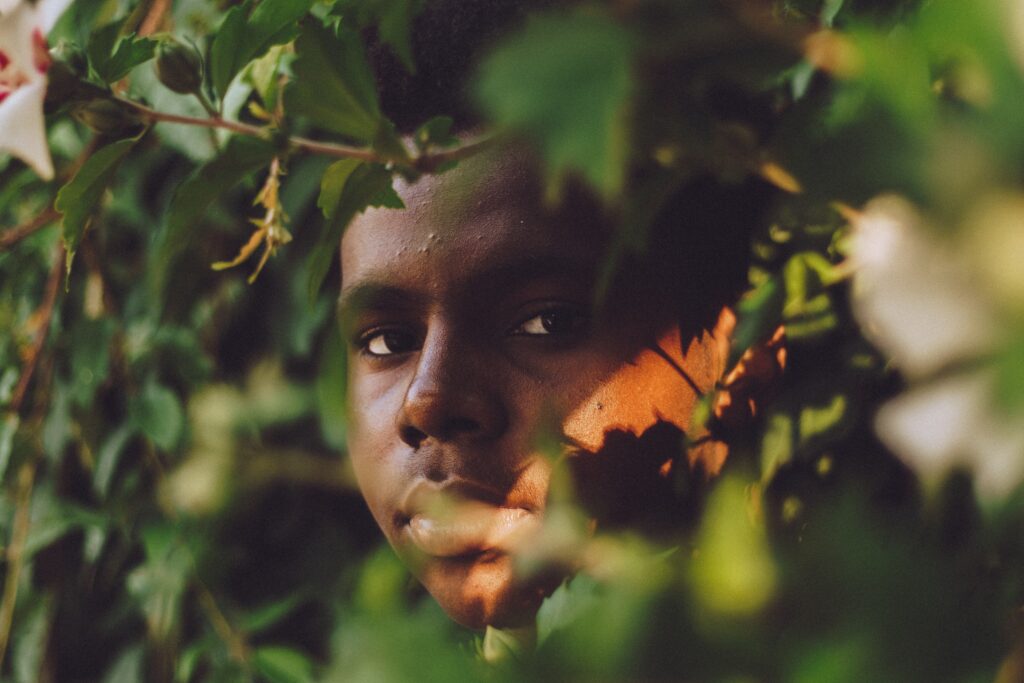 Boy peeping through tree branches