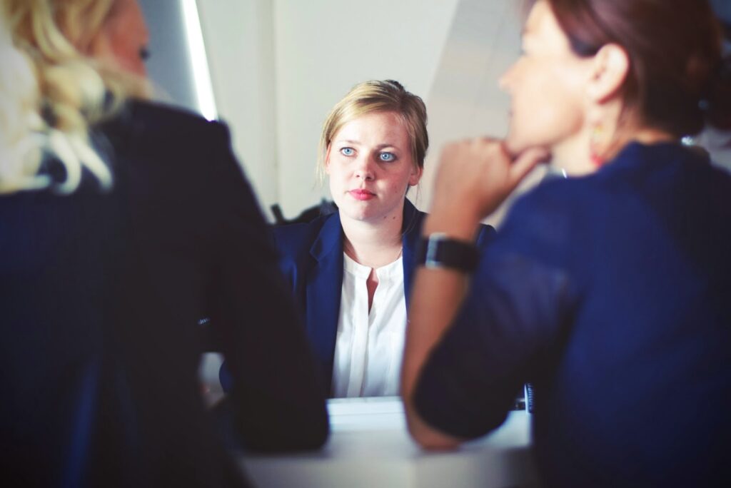 Lady with blue eyes listening attentively